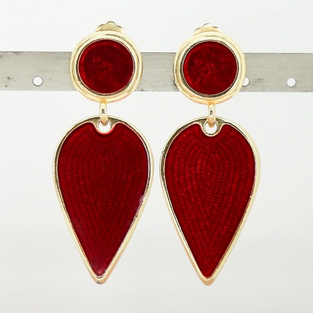 Vintage Large Huge Chunky Clip On Drop Earrings Gold Tone & Red Enamel 2.5”